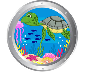 Turtle cartoon with porthole frame