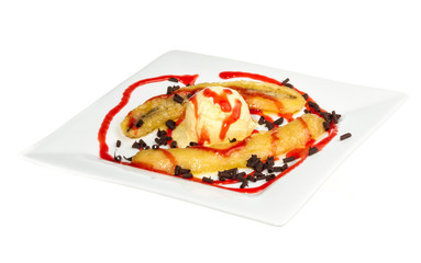 Bake banana with vanilla ice cream and caramel syrup; isolated o