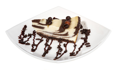 cheesecake with chocolate sauce.