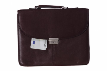 business bag with euro bills isolated over white