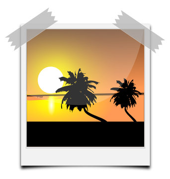 Polaroid mit Sonnenuntergang und Palmen