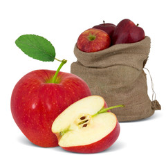 Bag with red apples and slice isolated on white