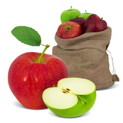 Bag with red and green apples and slice isolated on white