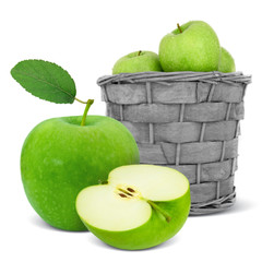 Basket with green apples and slice isolated on white