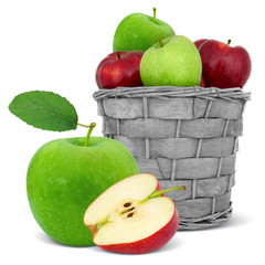 Basket with green and red apples and slice isolated on white