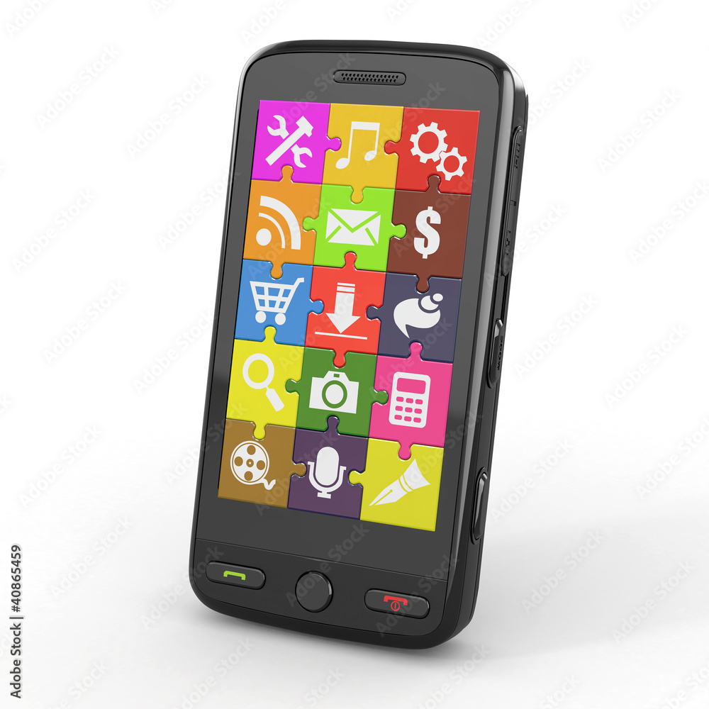 Poster mobile phone software. screen from puzzle with icons.
