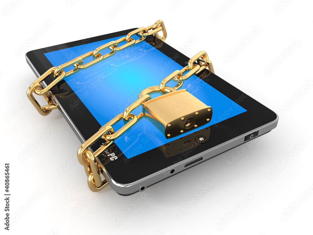 Poster Tablet pc security. Chain with lock on computer.