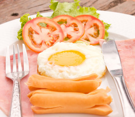 fried egg, sausage and ham for breakfast