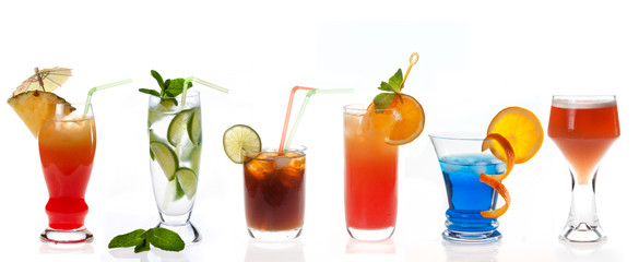 Different cocktails on white background