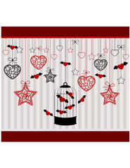 background with ornamental birdcages and red hearts