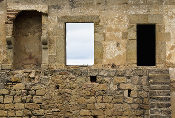 Old door and window  Belvis Castle. Caceres. Spain.