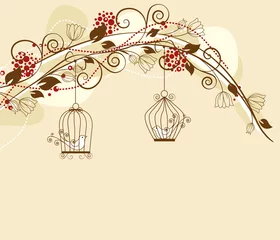Papier Peint photo Oiseaux en cages décoration florale avec oiseaux en cage