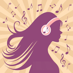 Girl silhouette with headphones, long hair and music © Yuzach