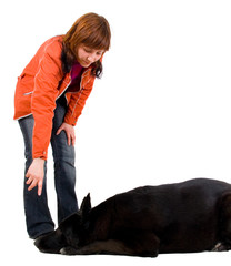 woman is dog training