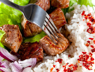 fork on a dish with rice and meat