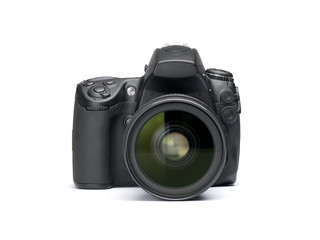 Fototapeta premium Front view of digital SLR camera isolated on white background