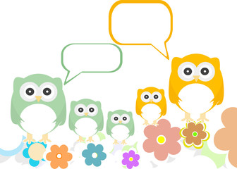 owl family with flowers and speech bubbles