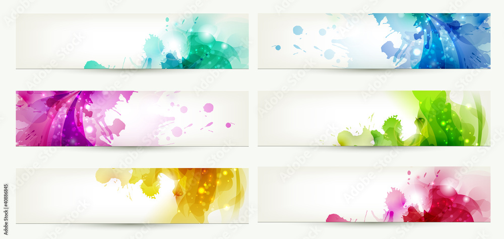 Poster set of six banners, abstract headers with varicolored blots
