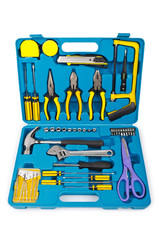 Toolkit with many tools isolated on white