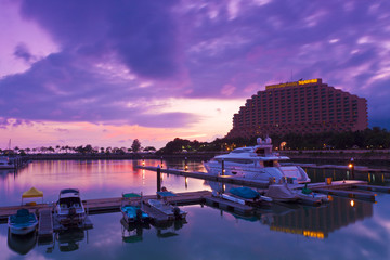 Yacht pier at sunset time in Hong Kong
