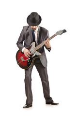 Young guitar player isolated on white