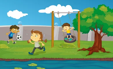 Peel and stick wall murals River, lake Kids in the park