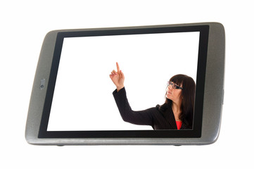 Tablet Pc and woman pointing a finger up