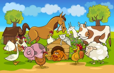 Papier Peint photo Poney scène rurale de dessin animé avec des animaux de la ferme