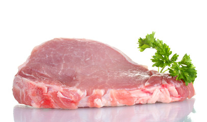 sliced raw pork steak with parsley isolated on white