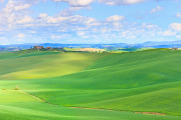 Tuscany, Crete Senesi country landscape, Italy. Hills, Green fie