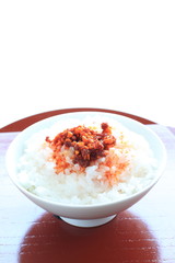 Spicy garlic oil on rice with copy space