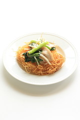 Chinese noodles with pork and vegetable stir fried