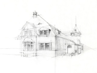 pencil sketch old house on white paper