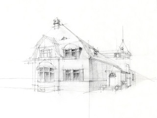 Fototapeta premium pencil sketch old house on white paper