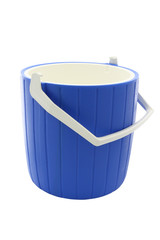Blue round plastic cooler opened on white background.