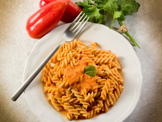 Fusilli with pepper cream sauce, healthy food