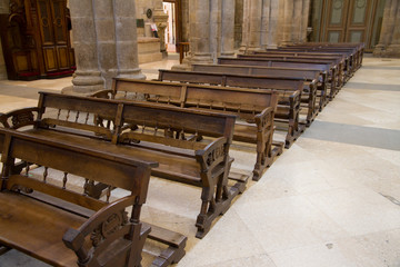wooden benches of church