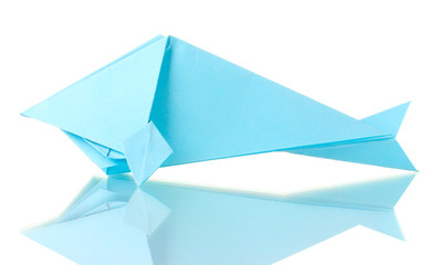 Origami fish out of the blue paper isolated on white