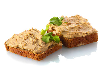 Fresh pate on bread isolated on white