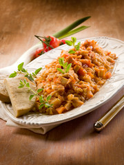 Risotto with seitan ragout, vegetarian food