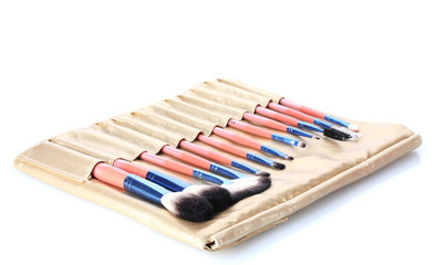 Set of make-up brushes in golden leather case isolated on white