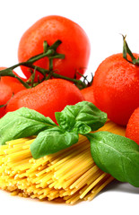Delicious tomatoes with pasta isolated on white background