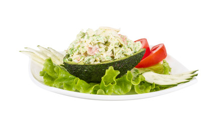 Crab meat salad with green caviar in avocado - japan cusine