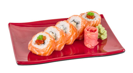 Japanese sushi traditional japanese food.Roll made of salmon, re