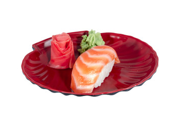 studio shoot of japanese sushi vaki with salmon on white backgro