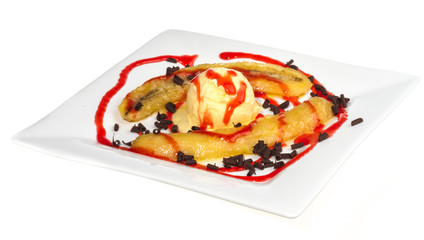 Bake banana with vanilla ice cream and caramel syrup; isolated o