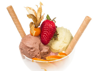 yogurt and chocolate ice cream in a bowl close up