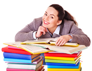 Woman holding book.