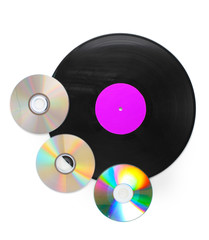 Black vinyl record and CD disks isolated on white