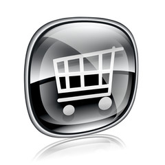 shopping cart icon black glass, isolated on white background.